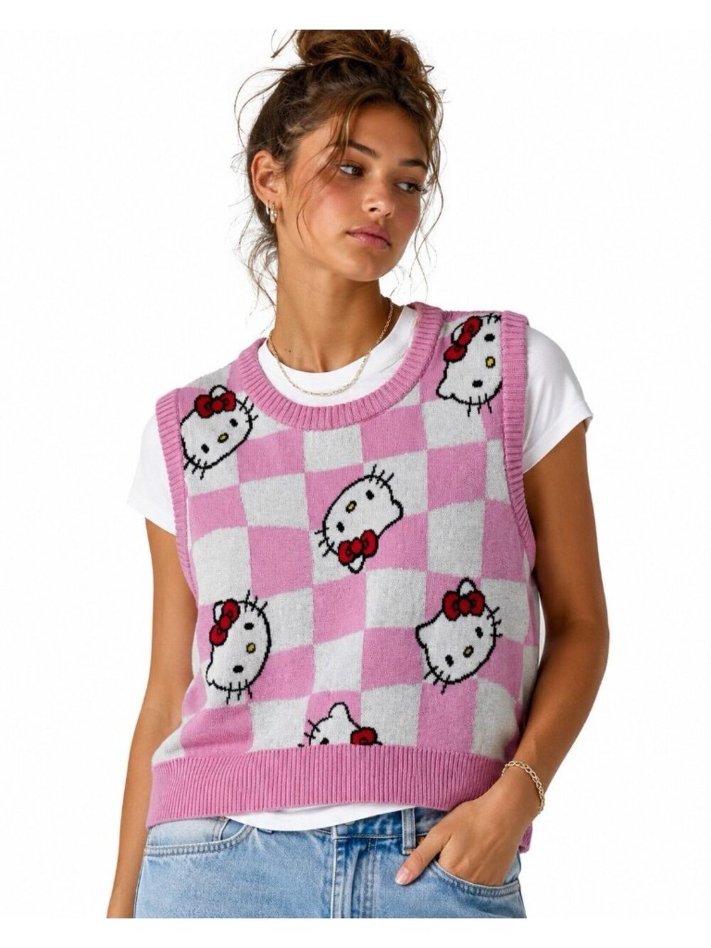 HELLO KITTY pink checkered sweater vest XXL Y2K kawaii sleeveless sanrio